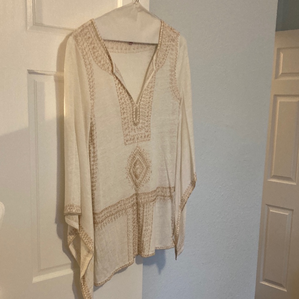 Calypso St. Barth Cream and Tan Linen Tunic